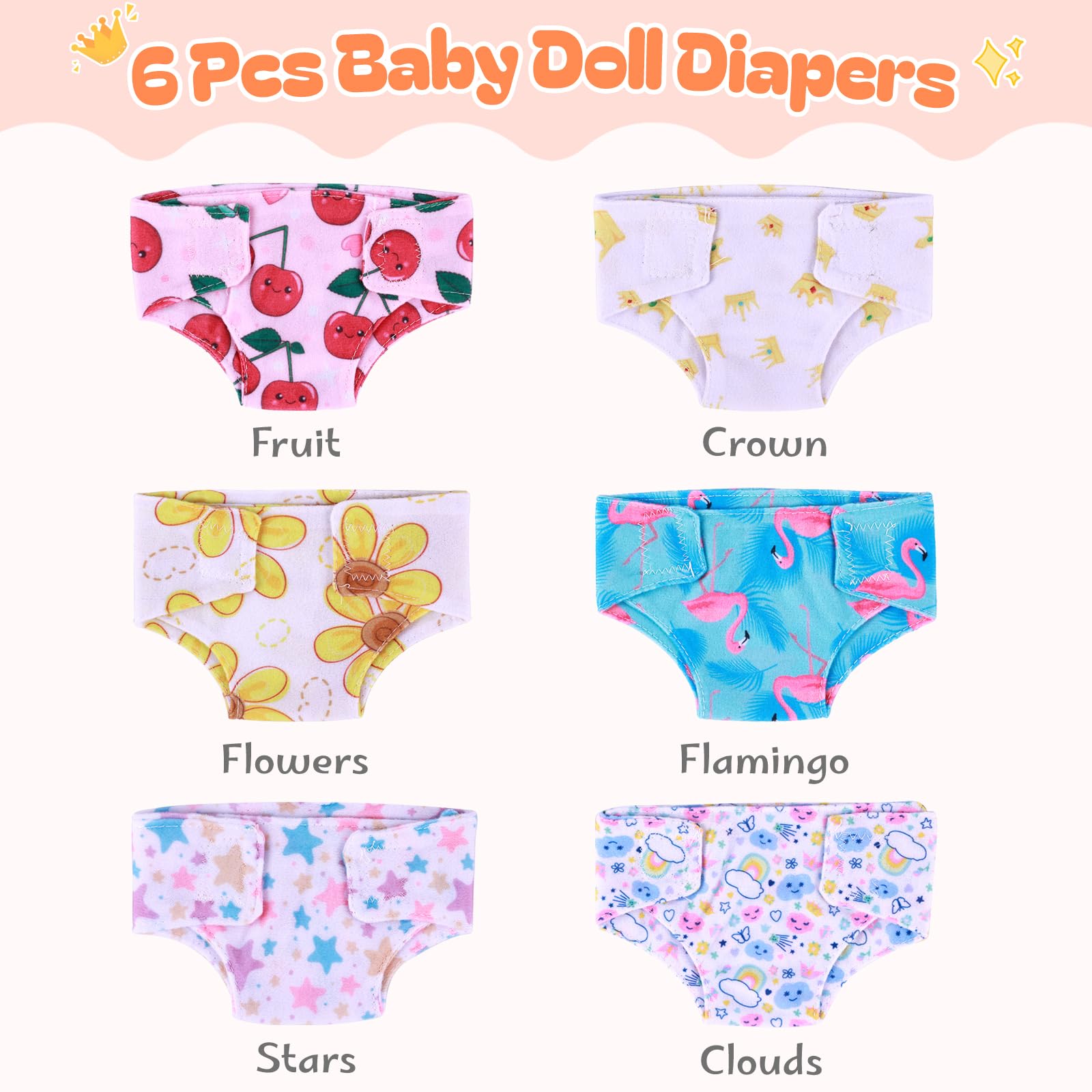 BABESIDE clouds pattern doll diapers, comfy and quick outfit changes.