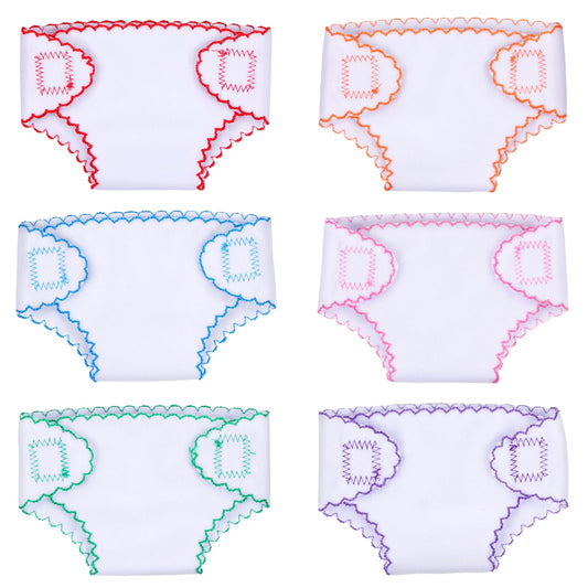BABESIDE six-pack doll diapers with colorful trims for 12-15 inch dolls, ideal for imaginative pretend play