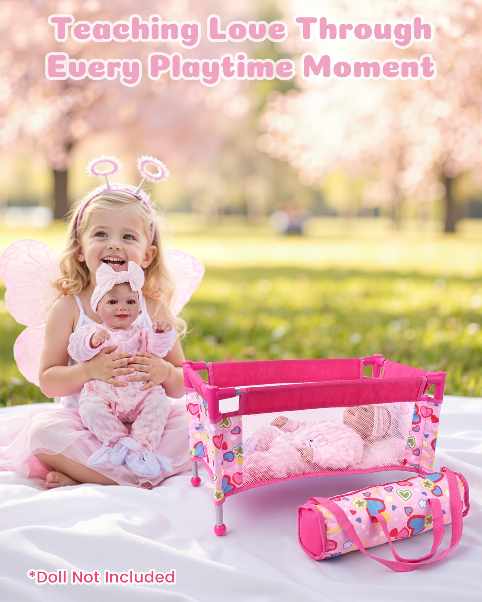 BABESIDE Portable doll crib with storage bag supports travel-friendly pretend play.