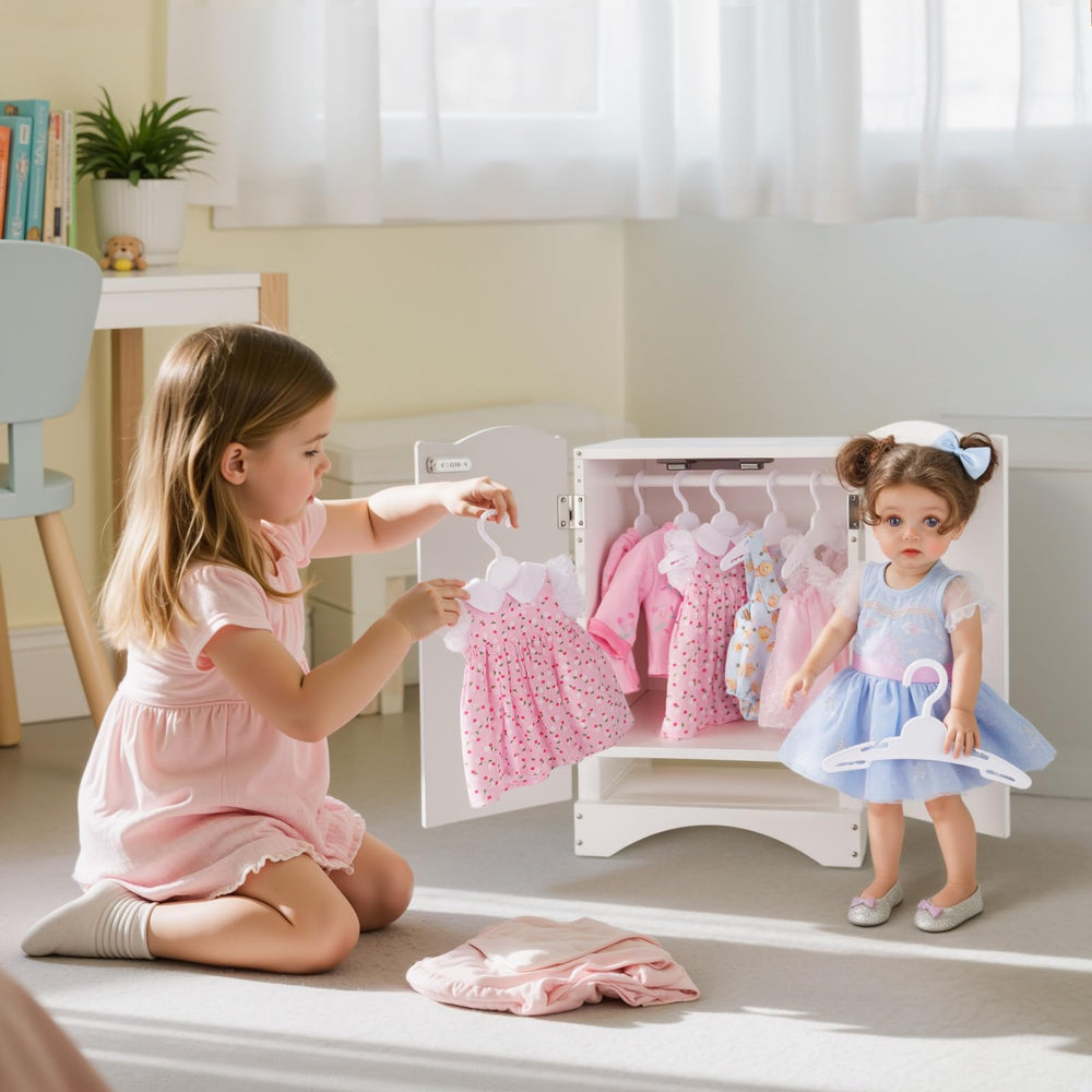 BABESIDE wooden closet with 10 hangers, ideal for tidy pretend-play wardrobes.