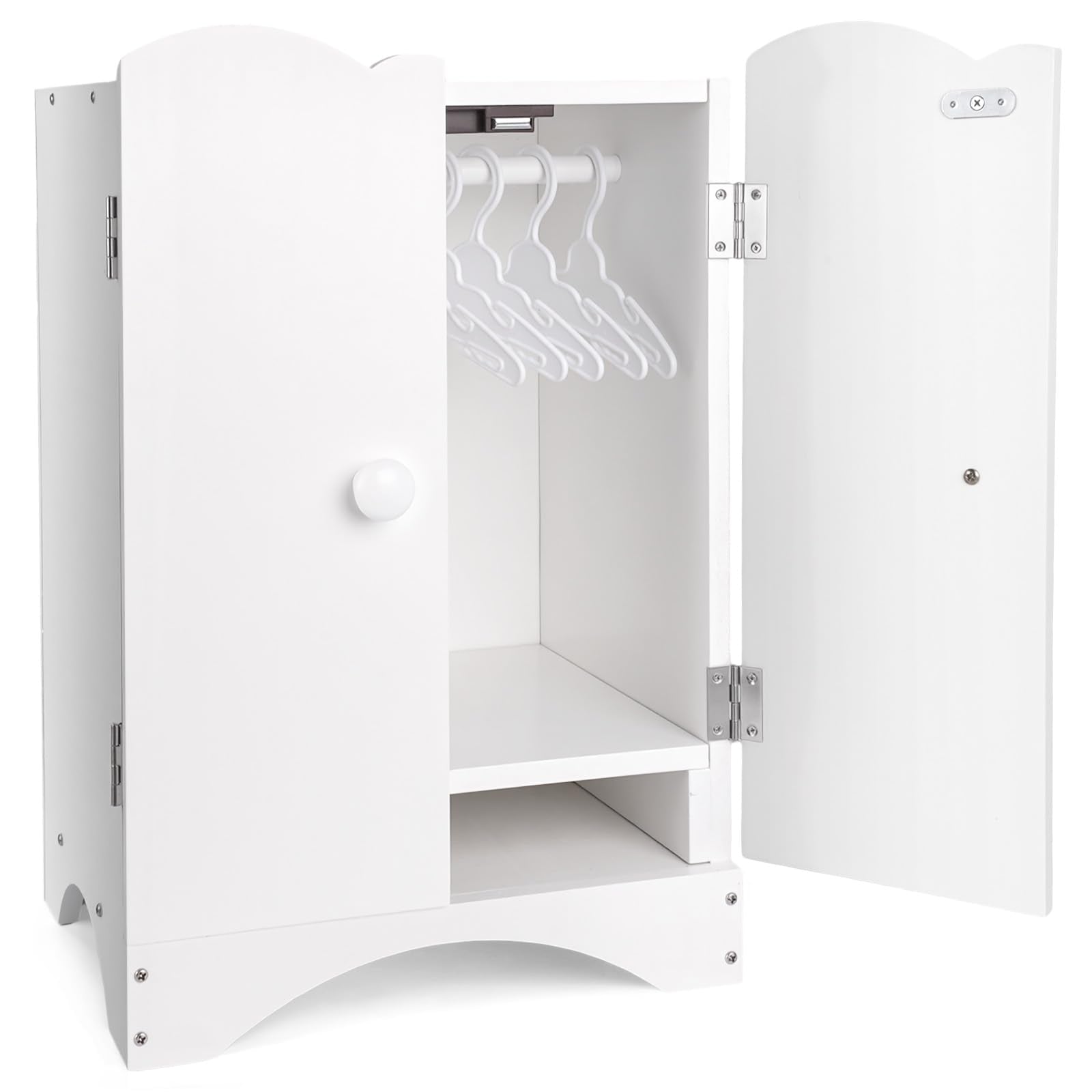 BABESIDE wooden doll closet front view, sturdy storage for 12-16 inch dolls and outfits.