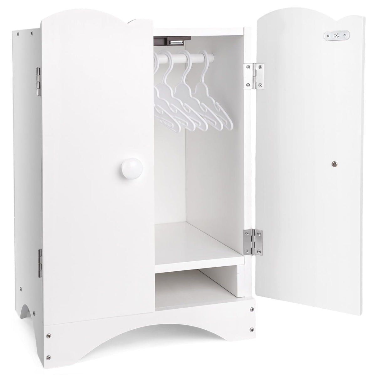 BABESIDE wooden doll closet front view, sturdy storage for 12-16 inch dolls and outfits.