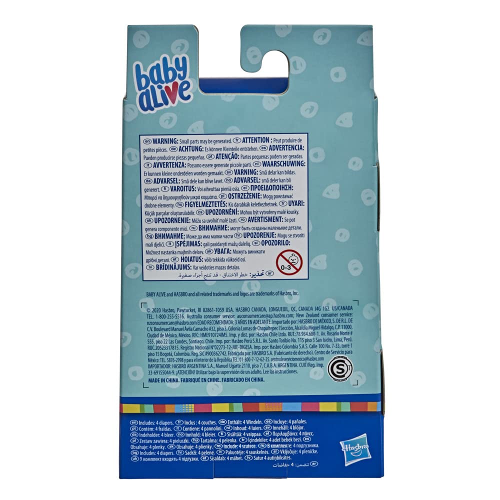Baby Alive BA Doll Diapers packaging front highlights durability for daily pretend play