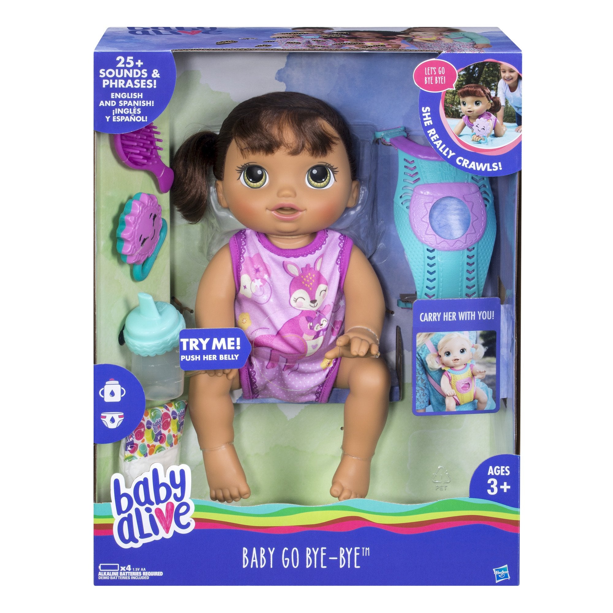 Baby Alive Go Bye Bye Brunette crawling action demonstrates interactive movement for busy playtime