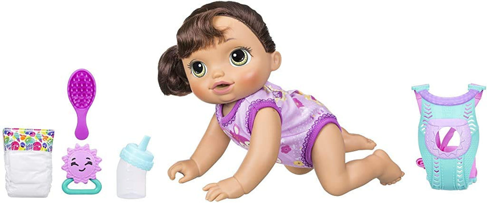 Baby Alive Baby Go Bye Bye Brunette doll close-up face for imaginative pretend play