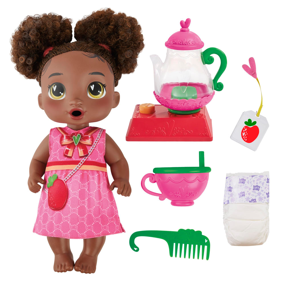 Baby Alive Berry Boo doll at a tea party setup for imaginative play.
