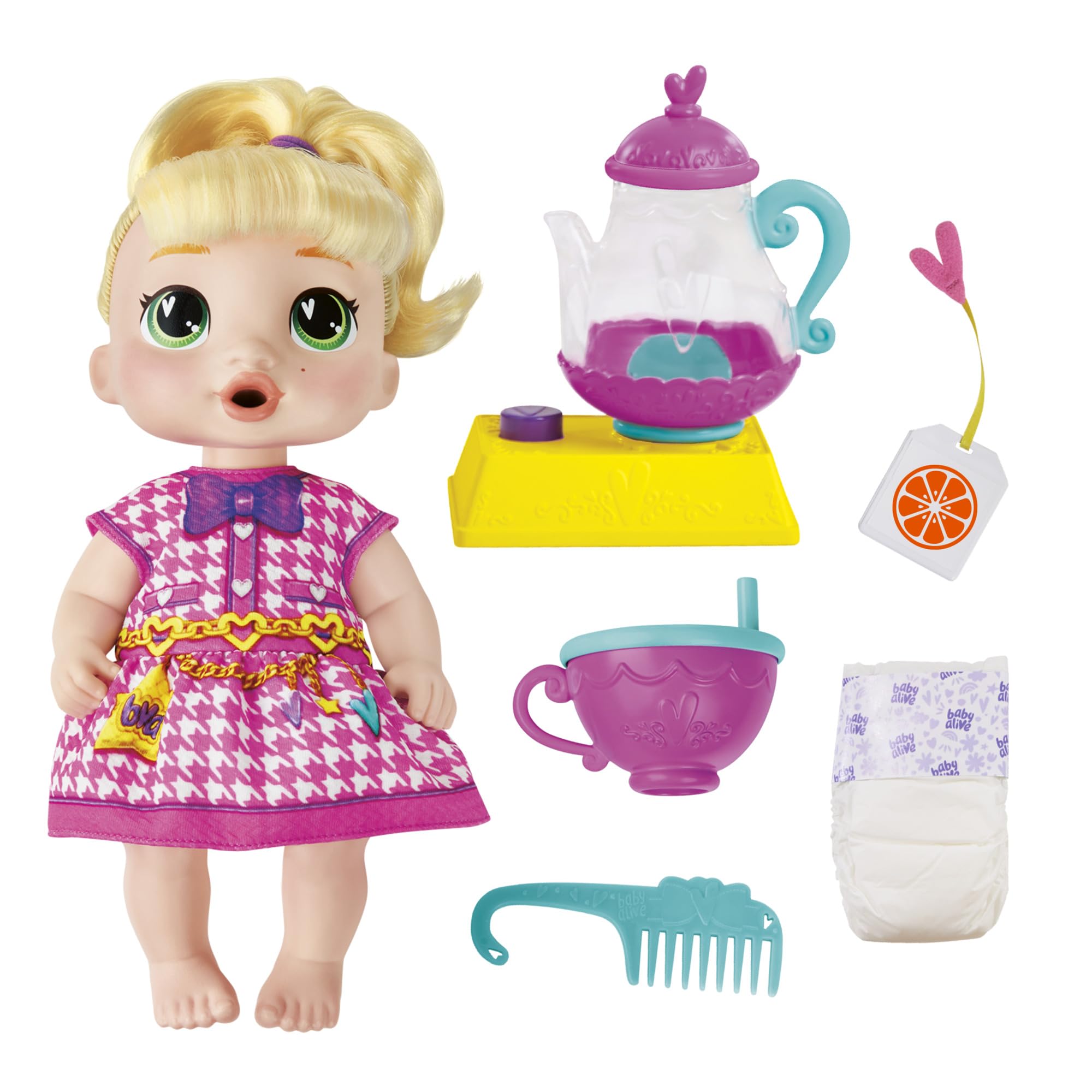 Baby Alive LaLa GooGoo doll with blonde hair, ideal for imaginative tea parties.