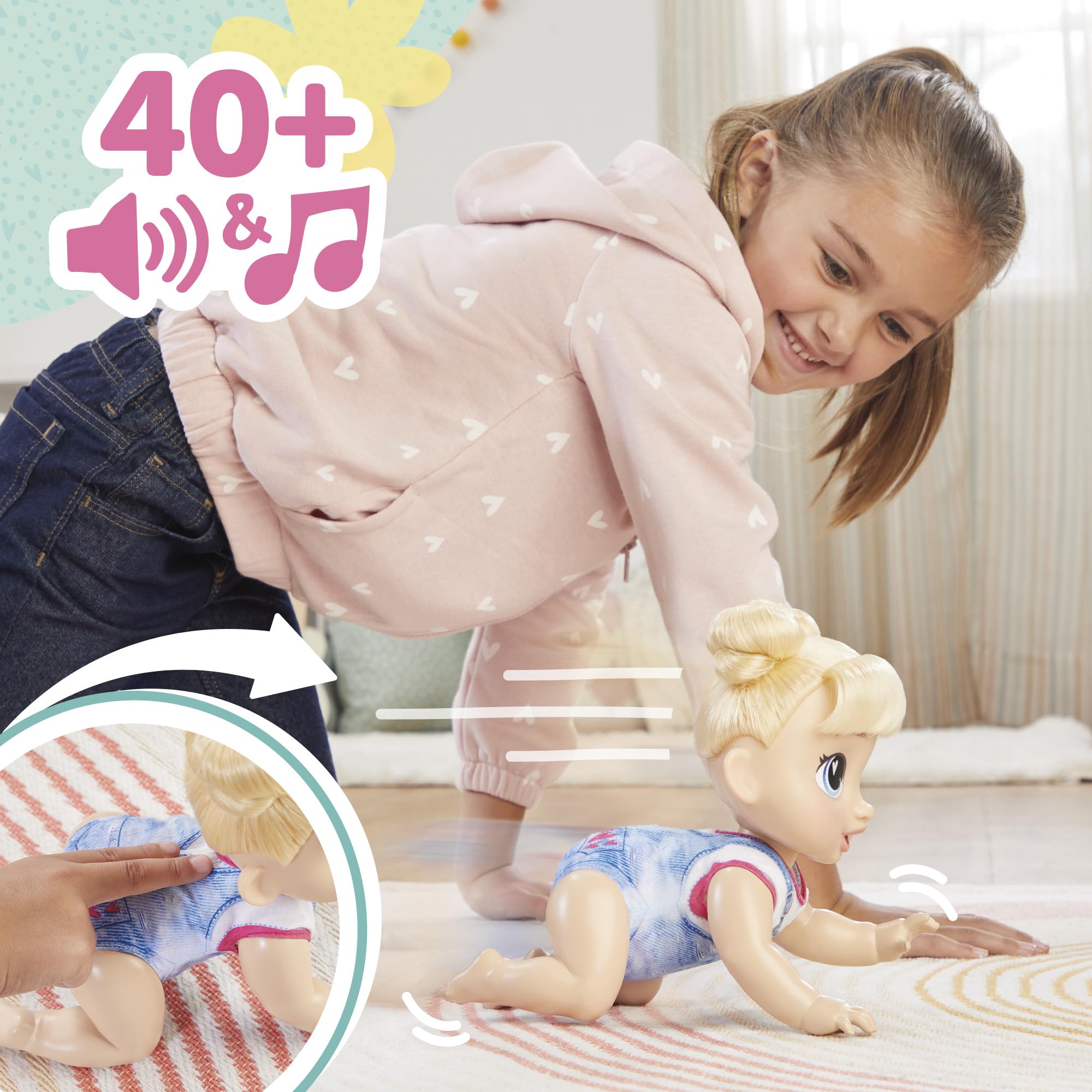 Harper Hugs sippy cup interaction produces munching sounds for realistic play.