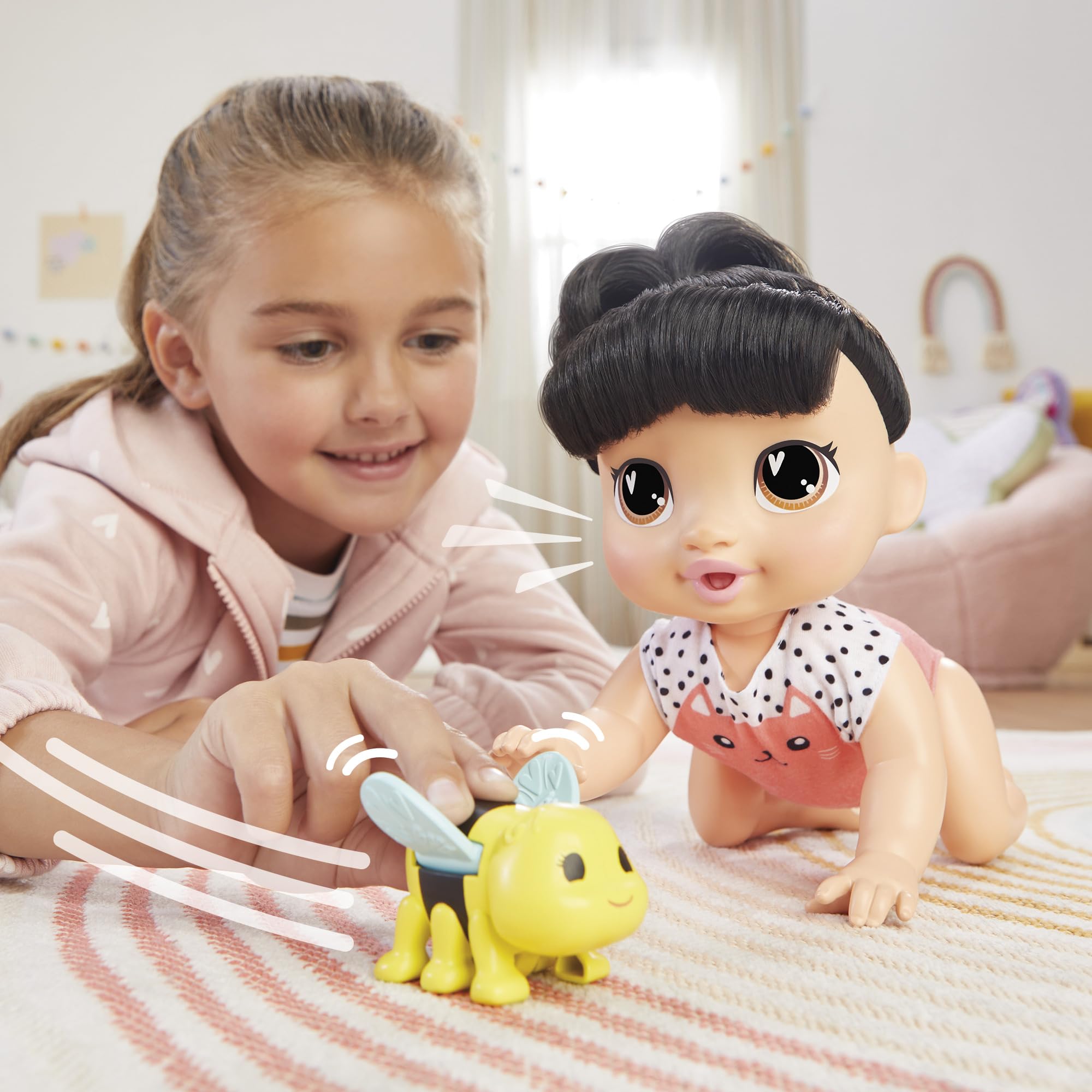 Baby Alive Katie Kat bee friend toy fluttering beside her for storytelling