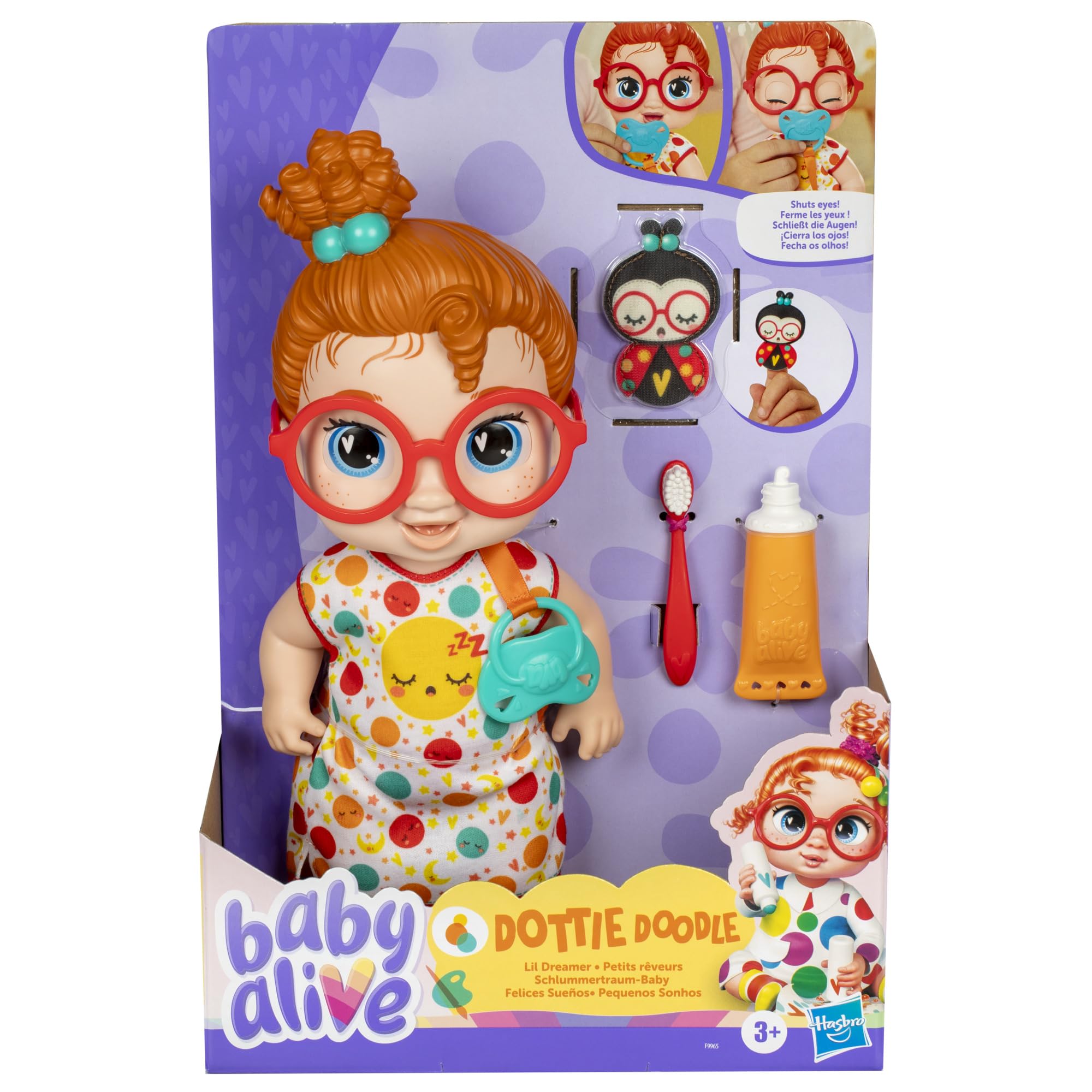 Baby Alive Lil Dreamer Dottie Doodle eyes open and close feature for pretend bedtime.