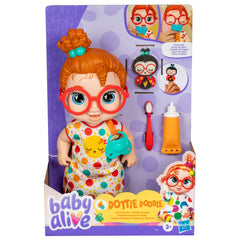 Baby Alive Lil Dreamer Dottie Doodle eyes open and close feature for pretend bedtime.