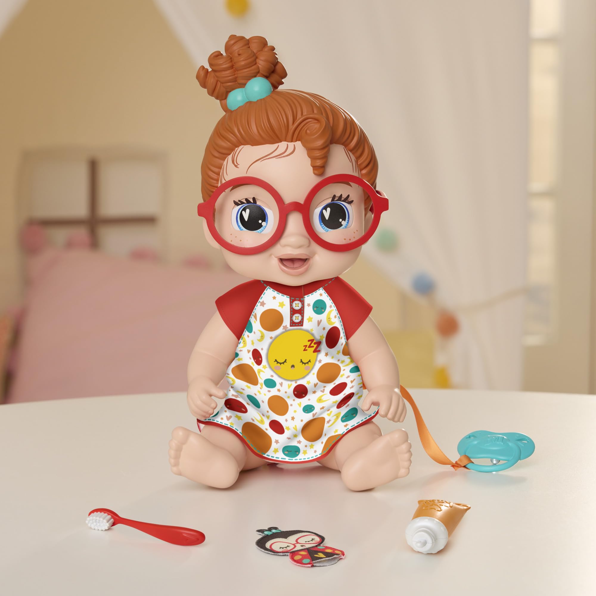 Pretend toothbrush and toothpaste accessory supports a playful bedtime routine with Baby Alive.