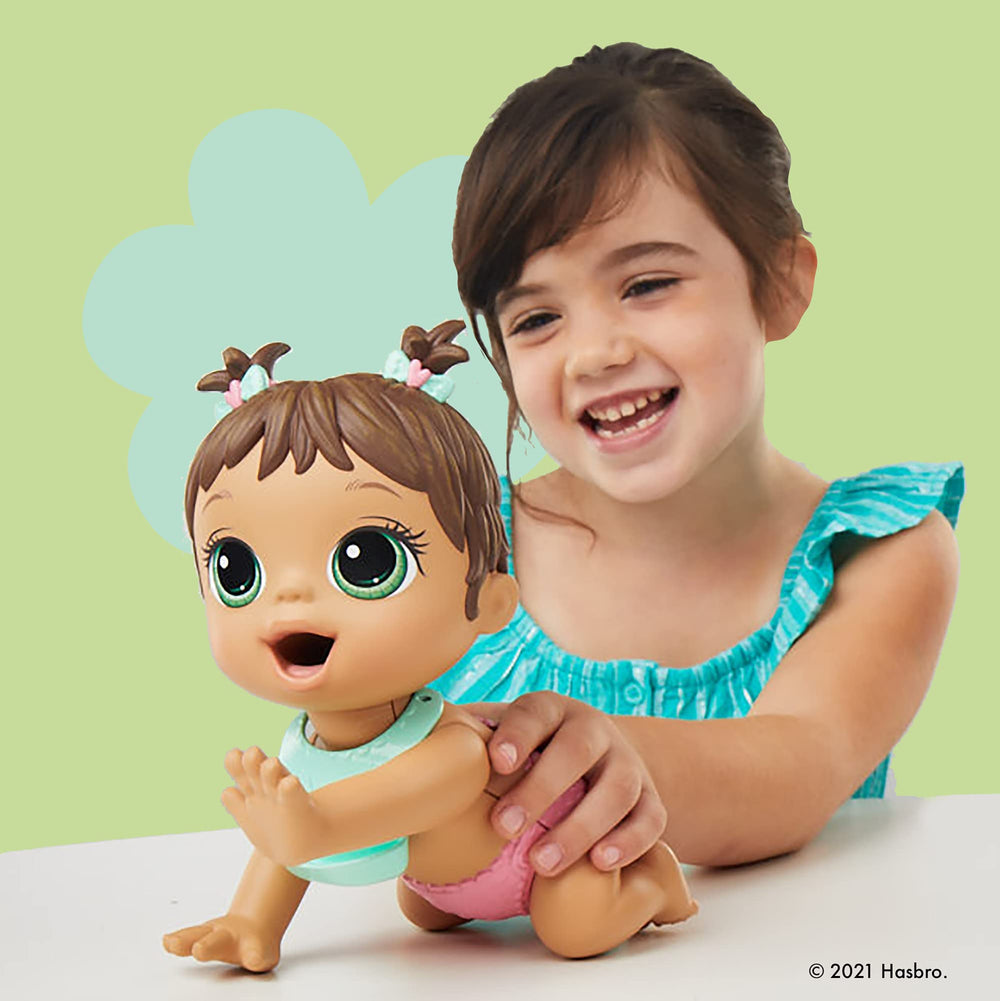 Baby Alive Lil Snacks doll crawling pose during snack-time play
