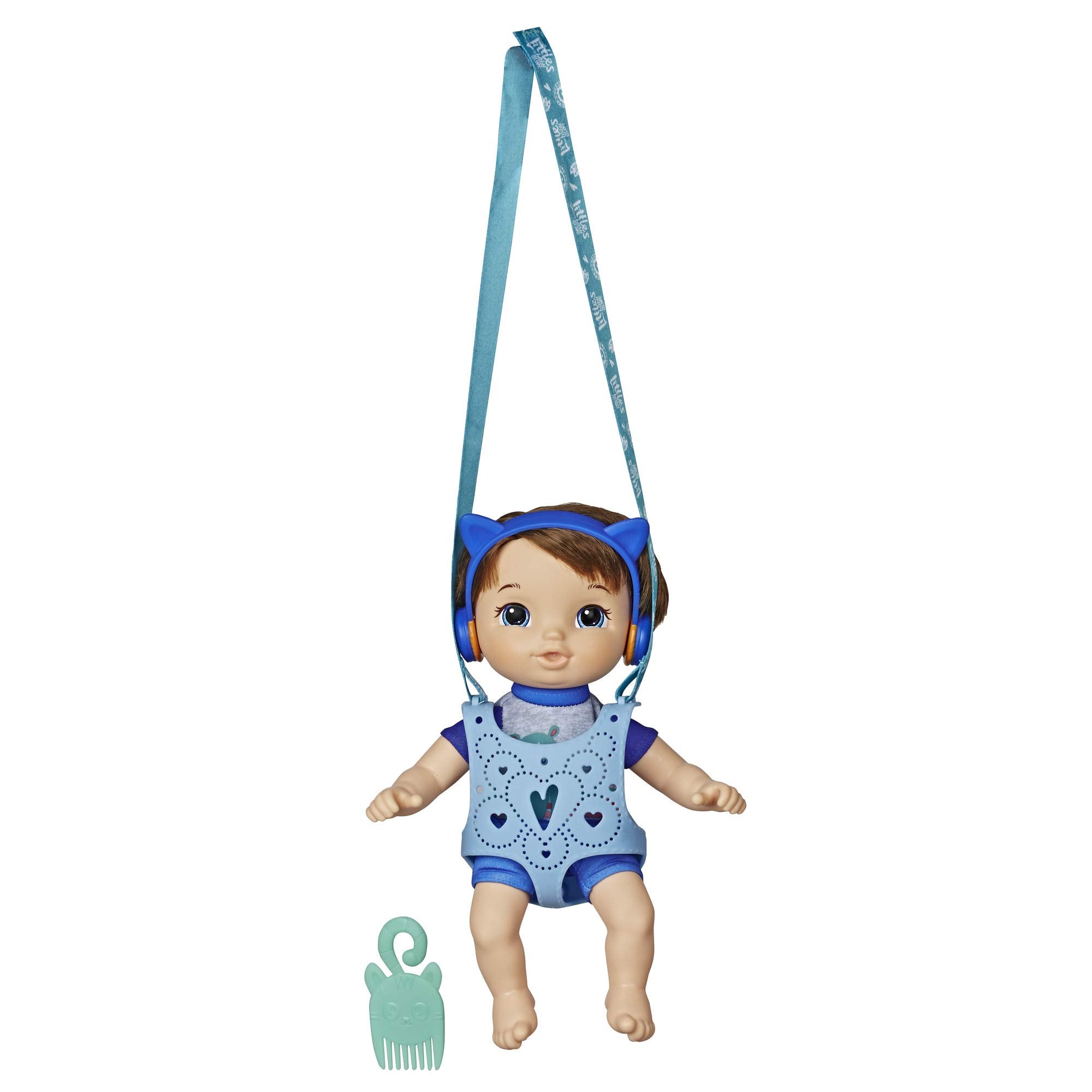 Baby Alive Littles Matteo in carrier for on-the-go imaginative play.