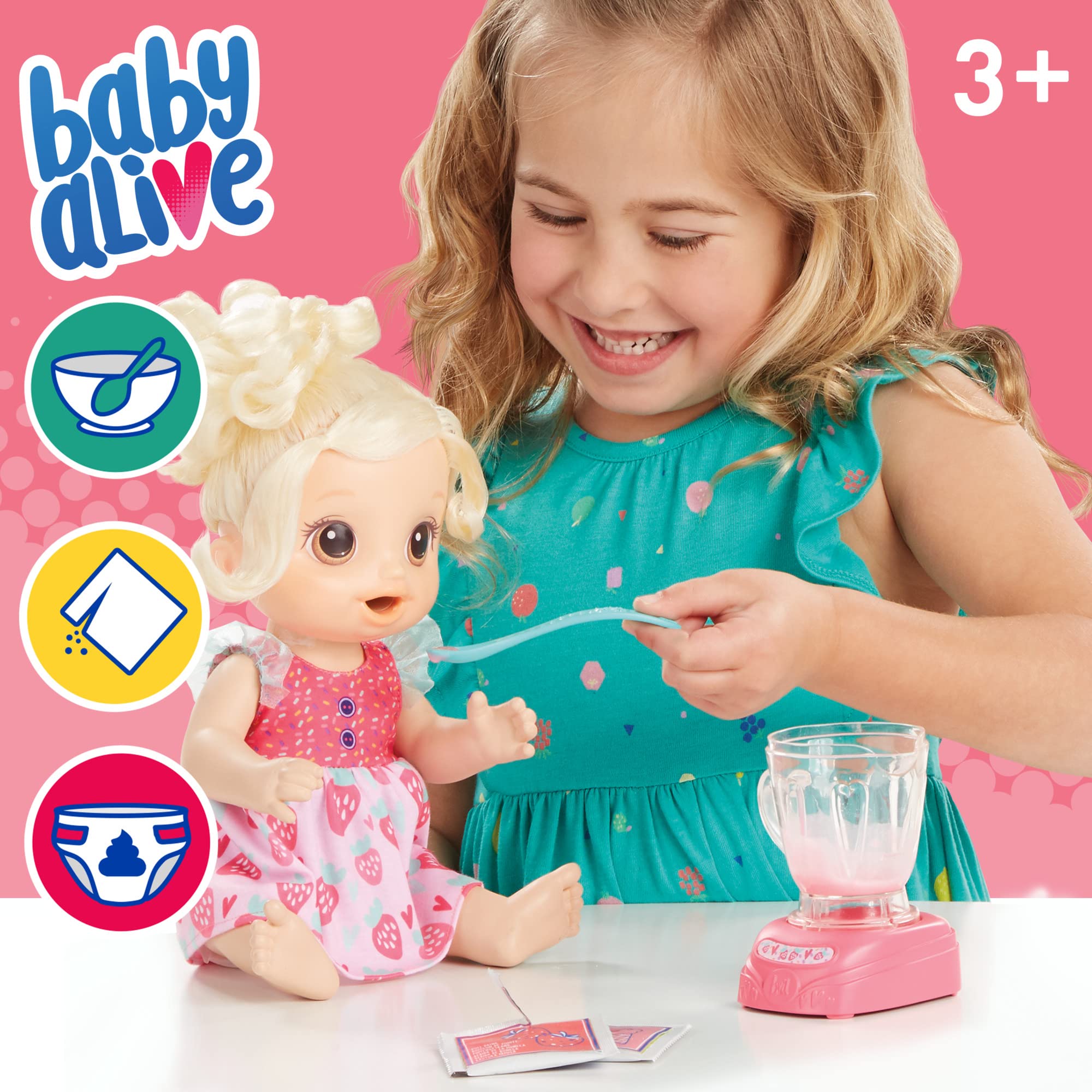 Baby Alive Magical Mixer Baby Doll using toy blender to mix pink powder with water for pretend recipes