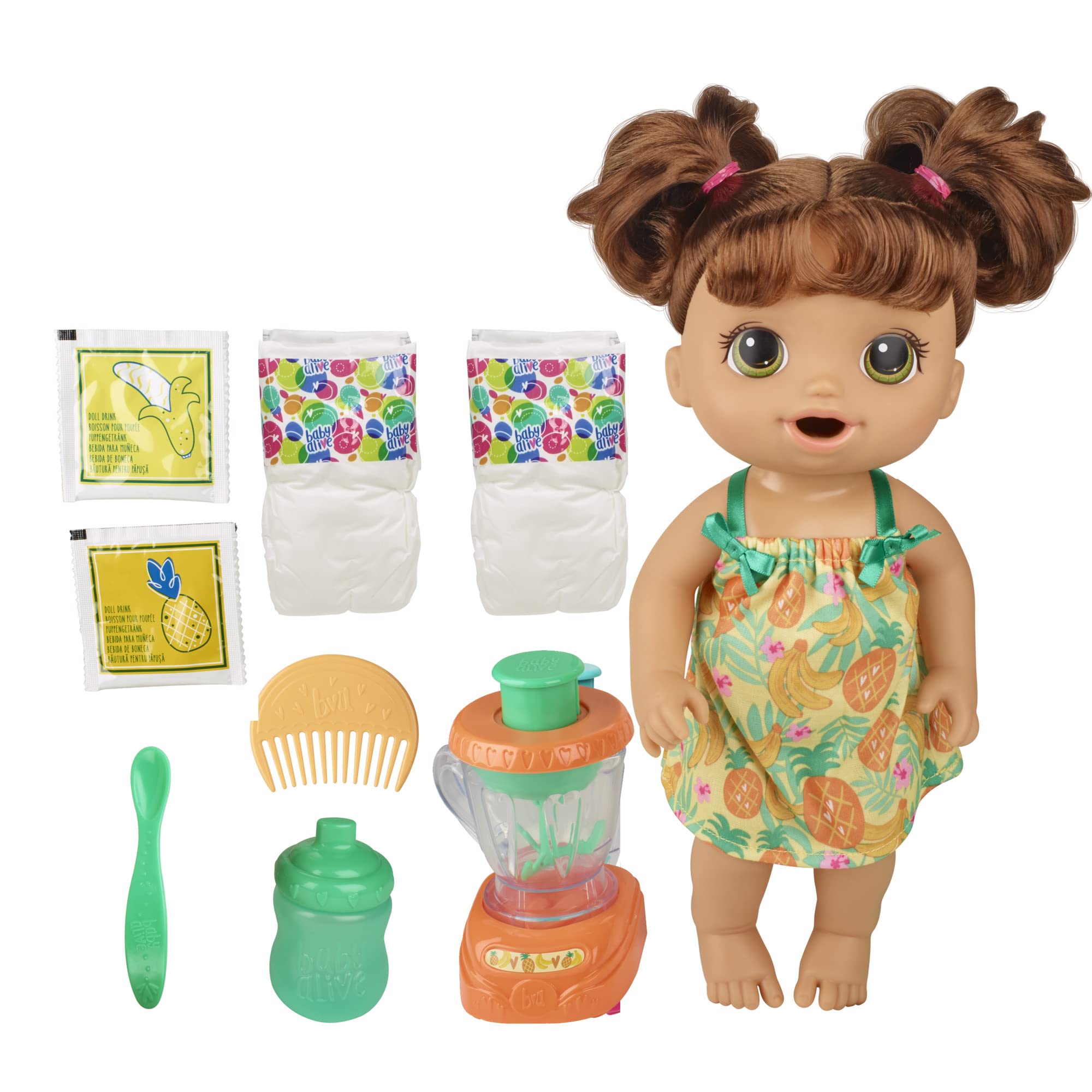 Baby Alive Magical Mixer doll and tropical blender enhance imaginative play.
