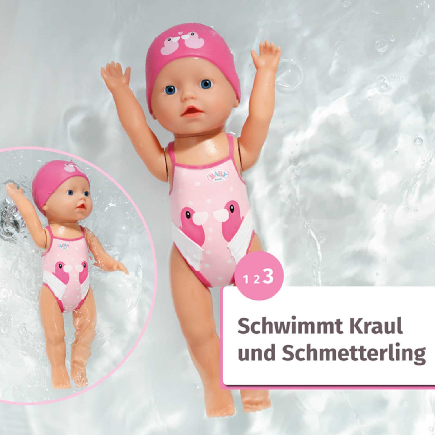 Baby Born My First Swim Girl 30 cm pink swimsuit relief print.