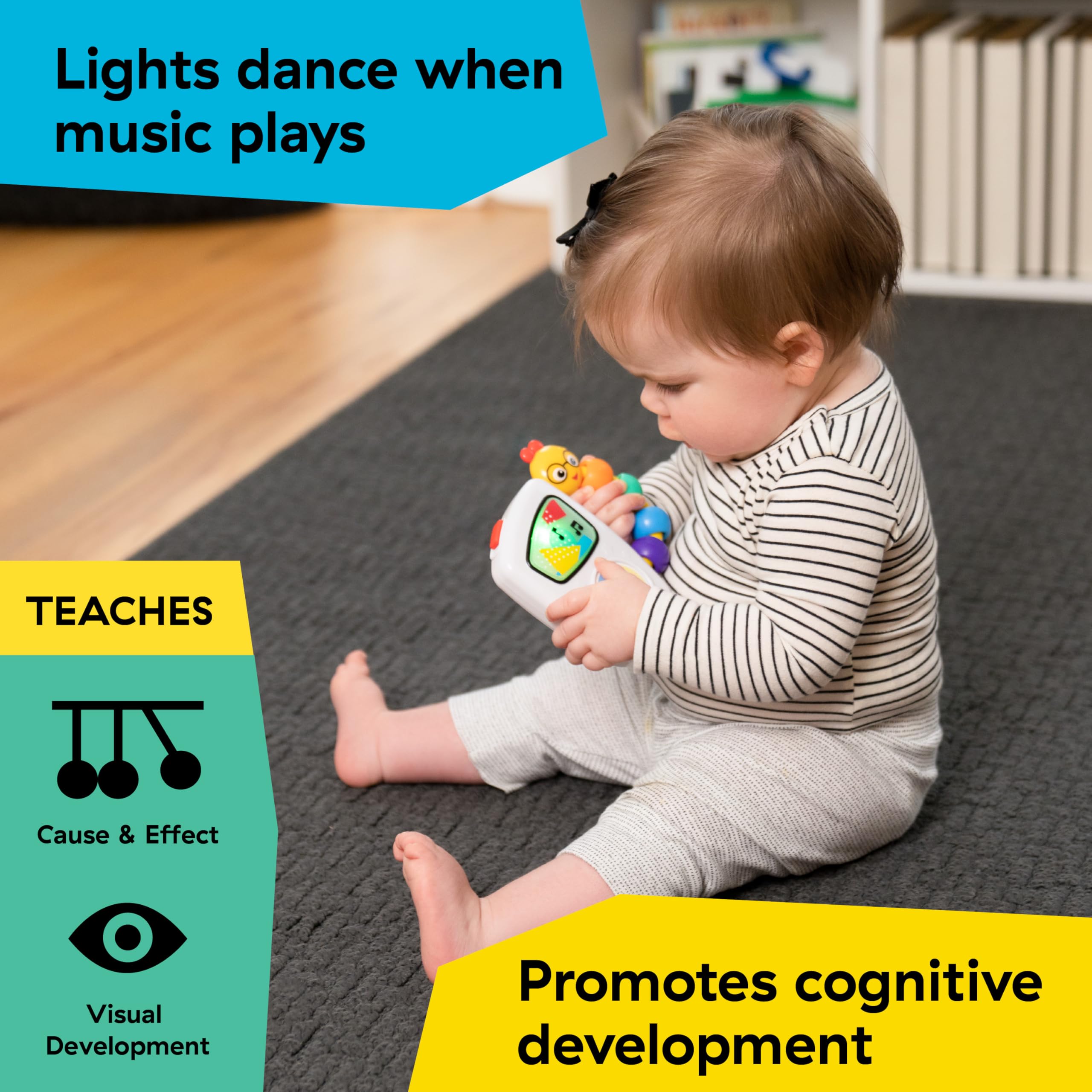 Bright lights sync to each song on the Take Along Tunes toy.