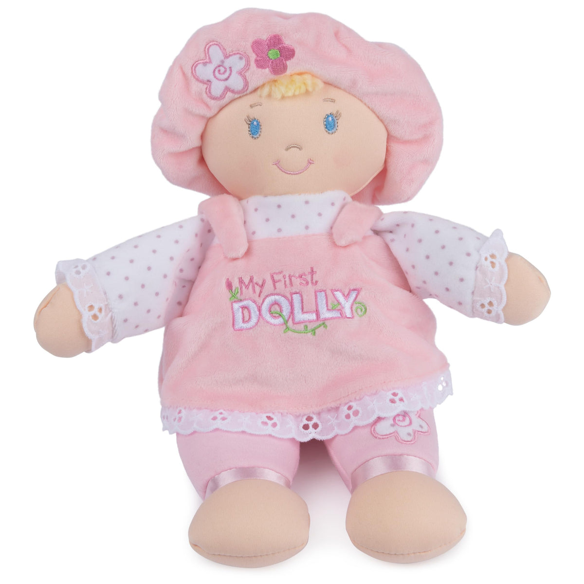 Baby GUND My First Dolly dress detail in pink and white for soft, safe play
