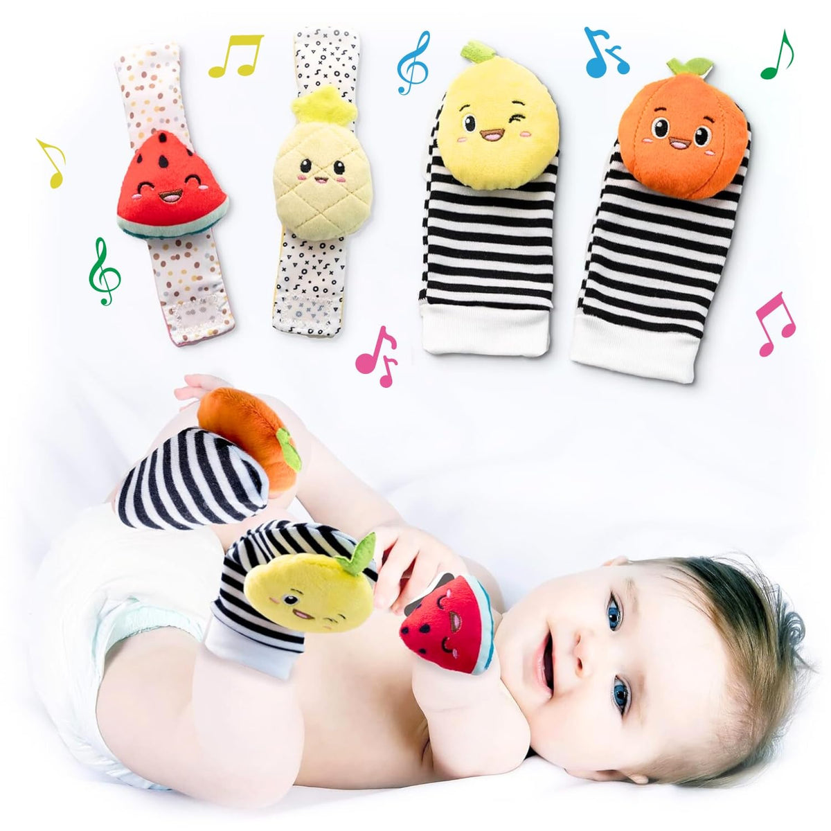 BABY K Watermelon rattle on wrist boosts grasping and visual tracking.