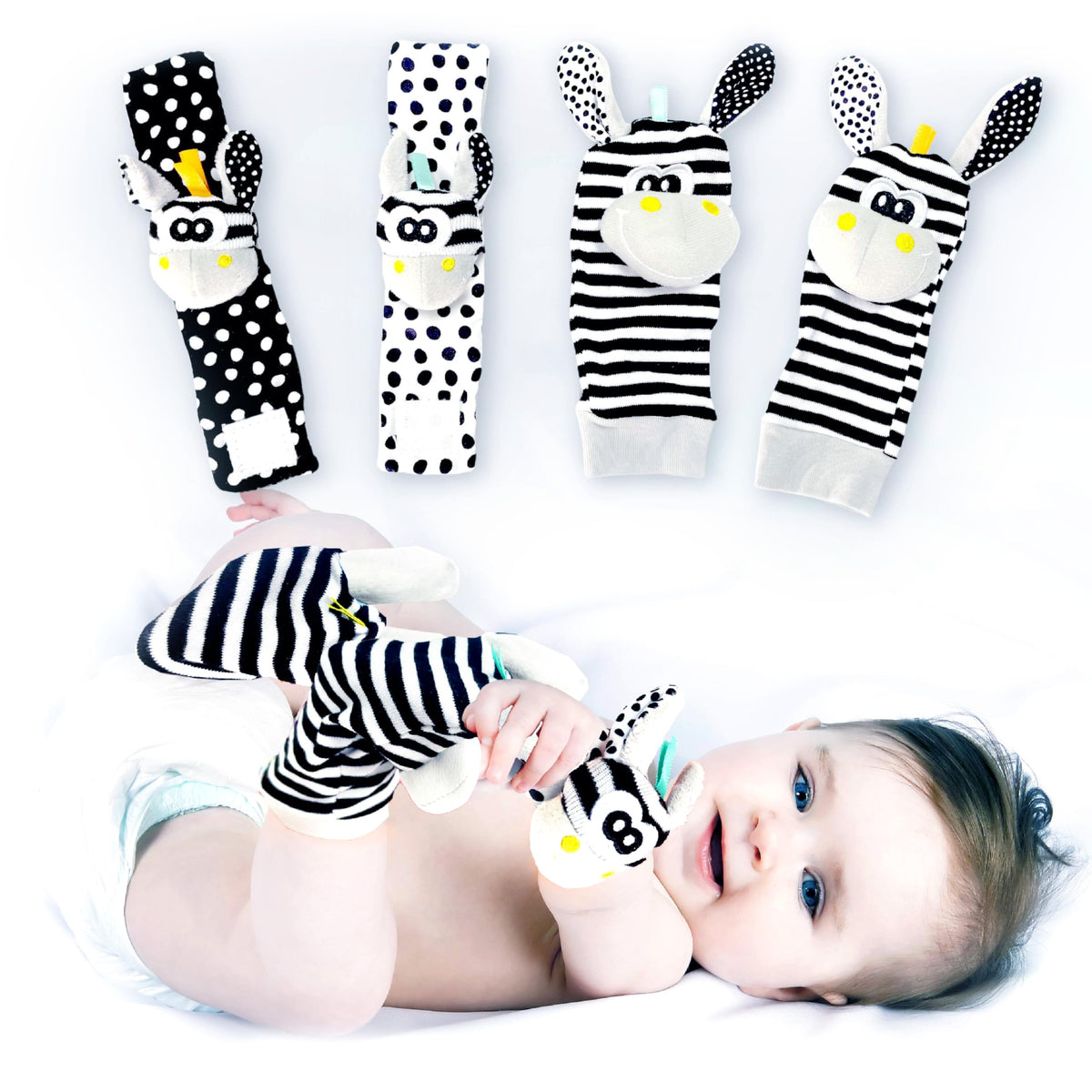 BABY K Foot Finder Socks and Wrist Rattles closeup of vibrant colors stimulating visual development