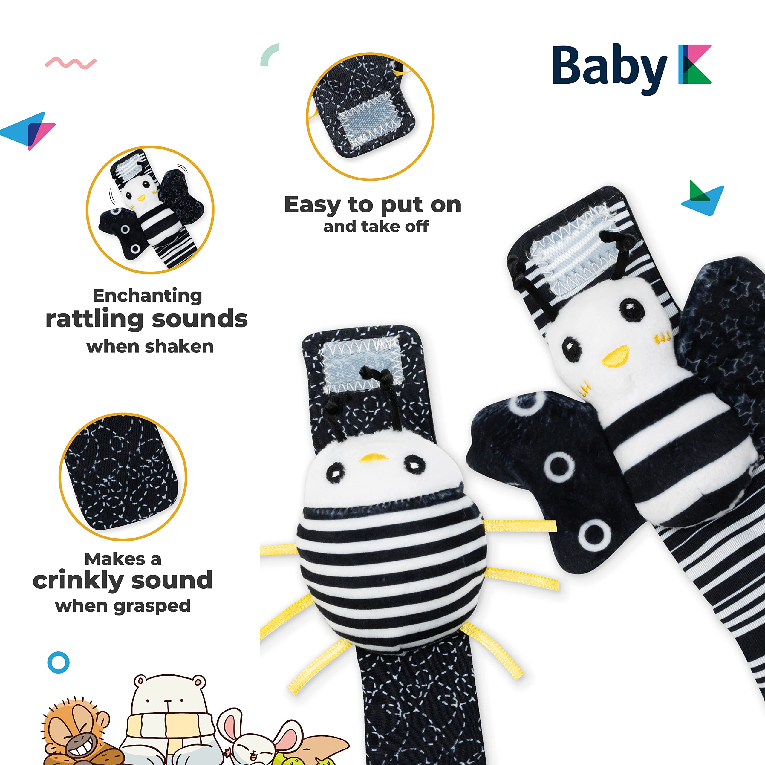 BABY K velcro wrist rattles are easy to put on and secure
