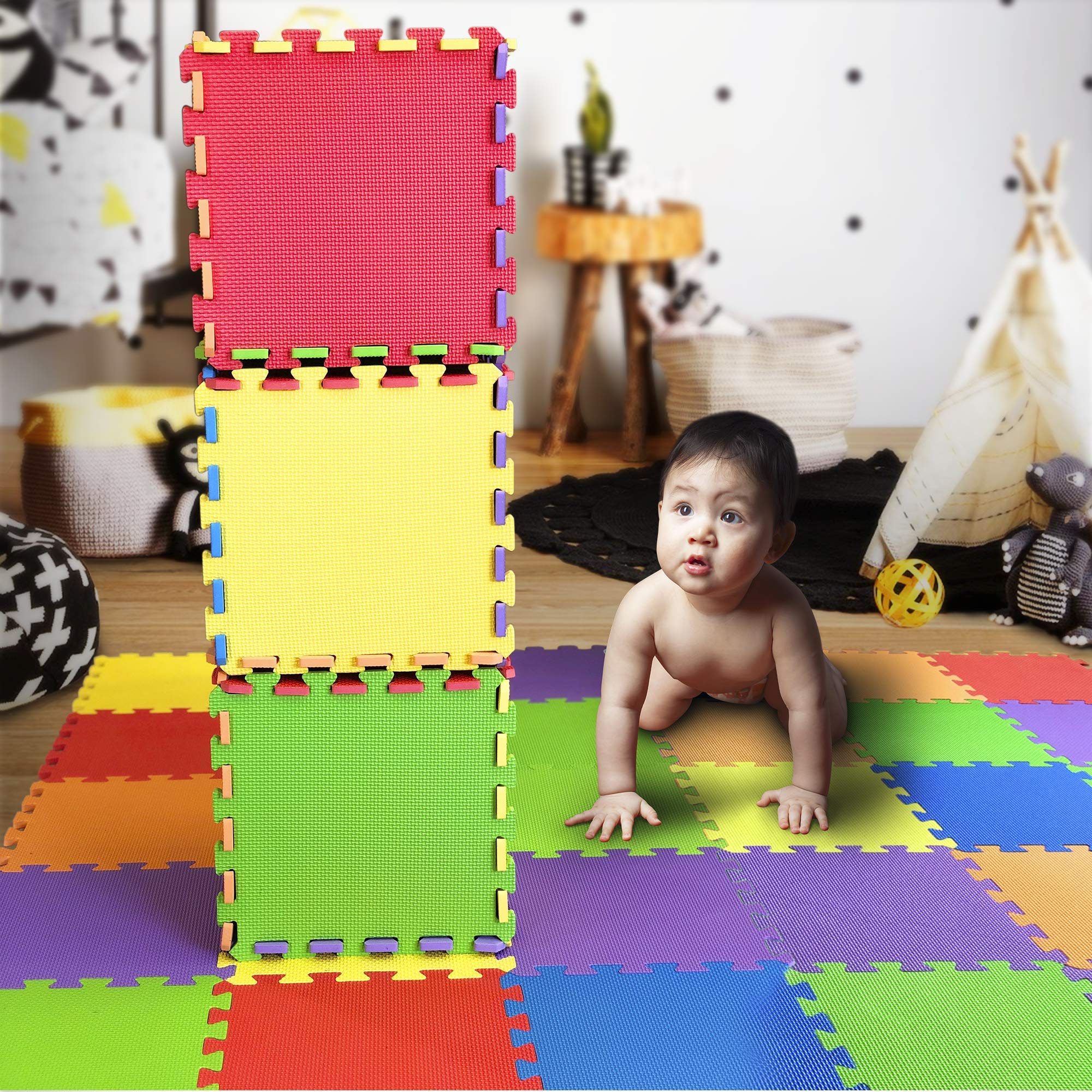 BABY LOOVI 10mm thick foam provides soft cushioning on floors.