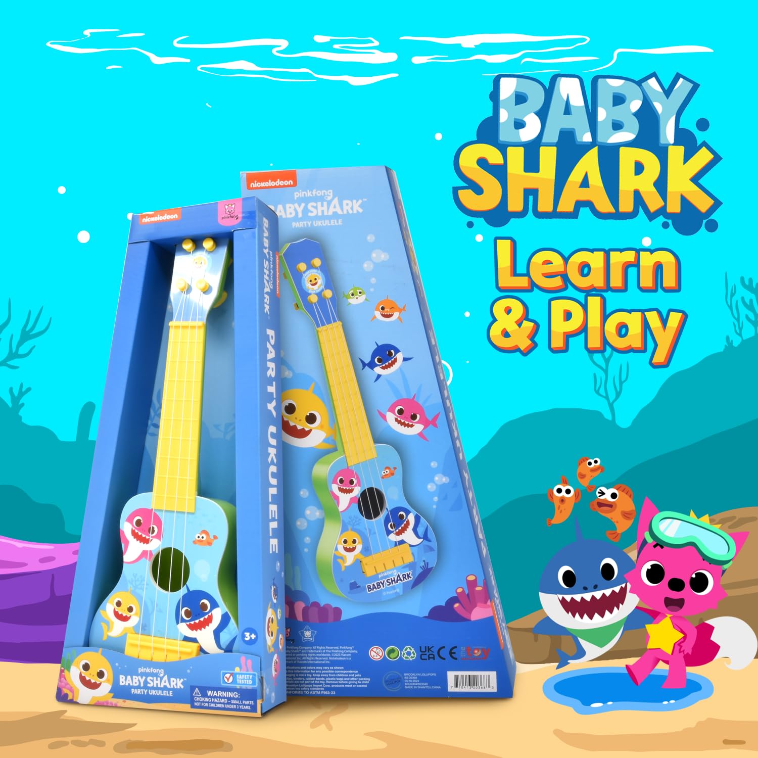 Vibrant Baby Shark ukulele design encourages creative music exploration.