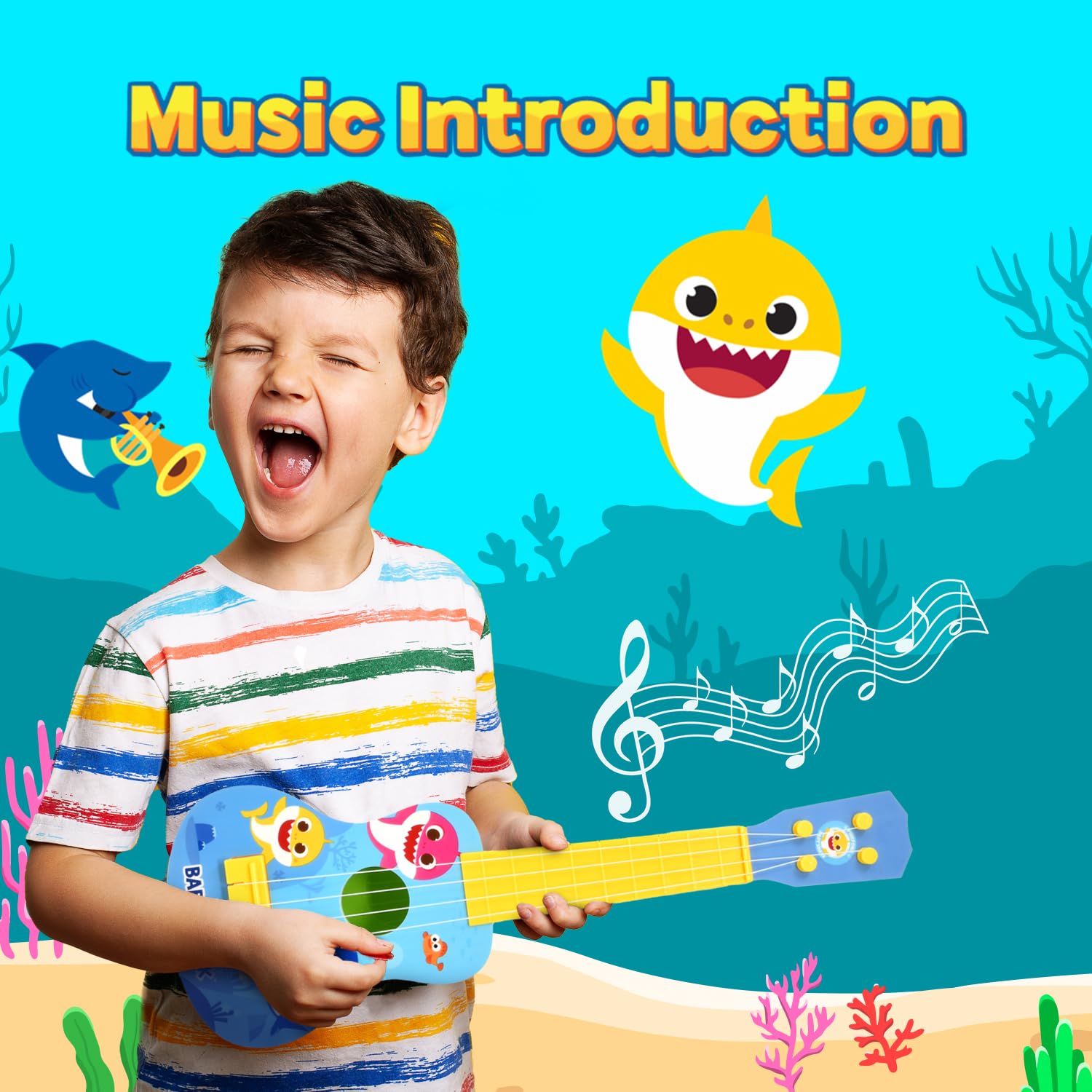 Close-up of strings and colorful Baby Shark design inviting play.