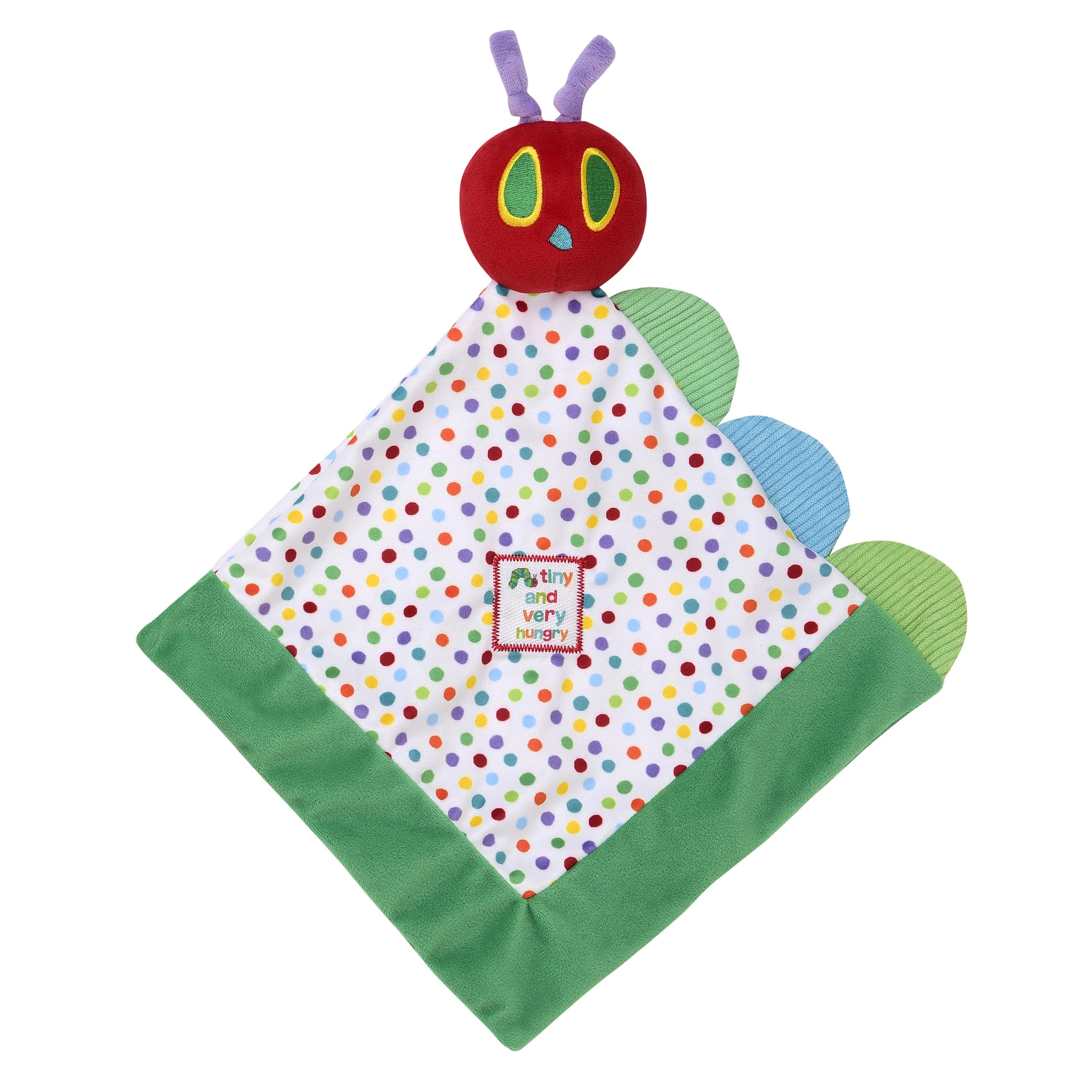 Baby Starters Caterpillar snuggle blanket 10-inch square with polka dots for visual comfort.