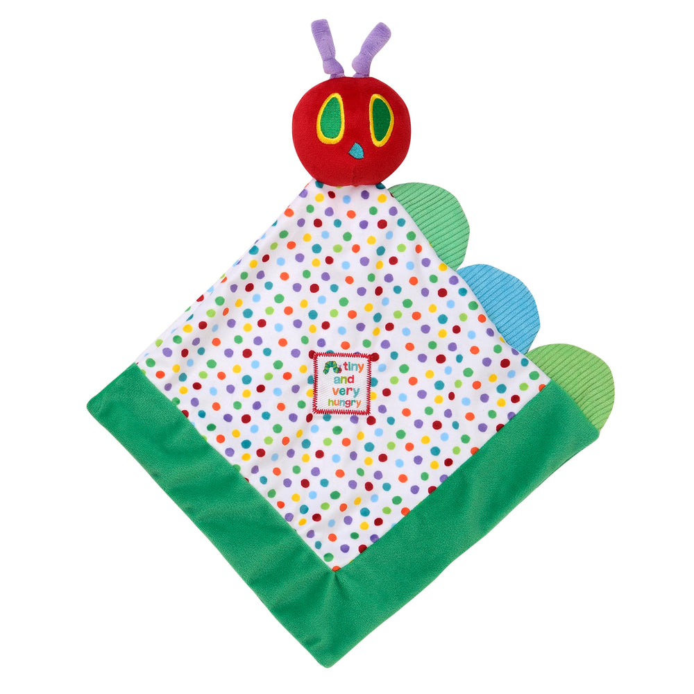 Baby Starters Caterpillar snuggle blanket 10-inch square with polka dots for visual comfort.