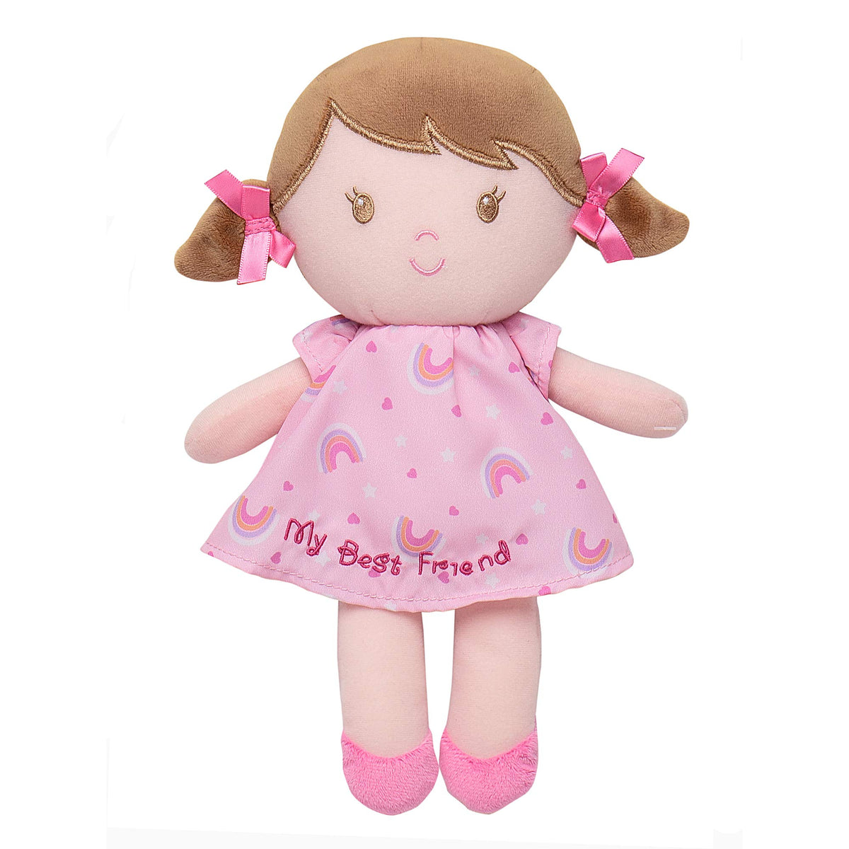Baby Starters Dorie plush snuggle buddy in rainbow dress for gentle cuddling.
