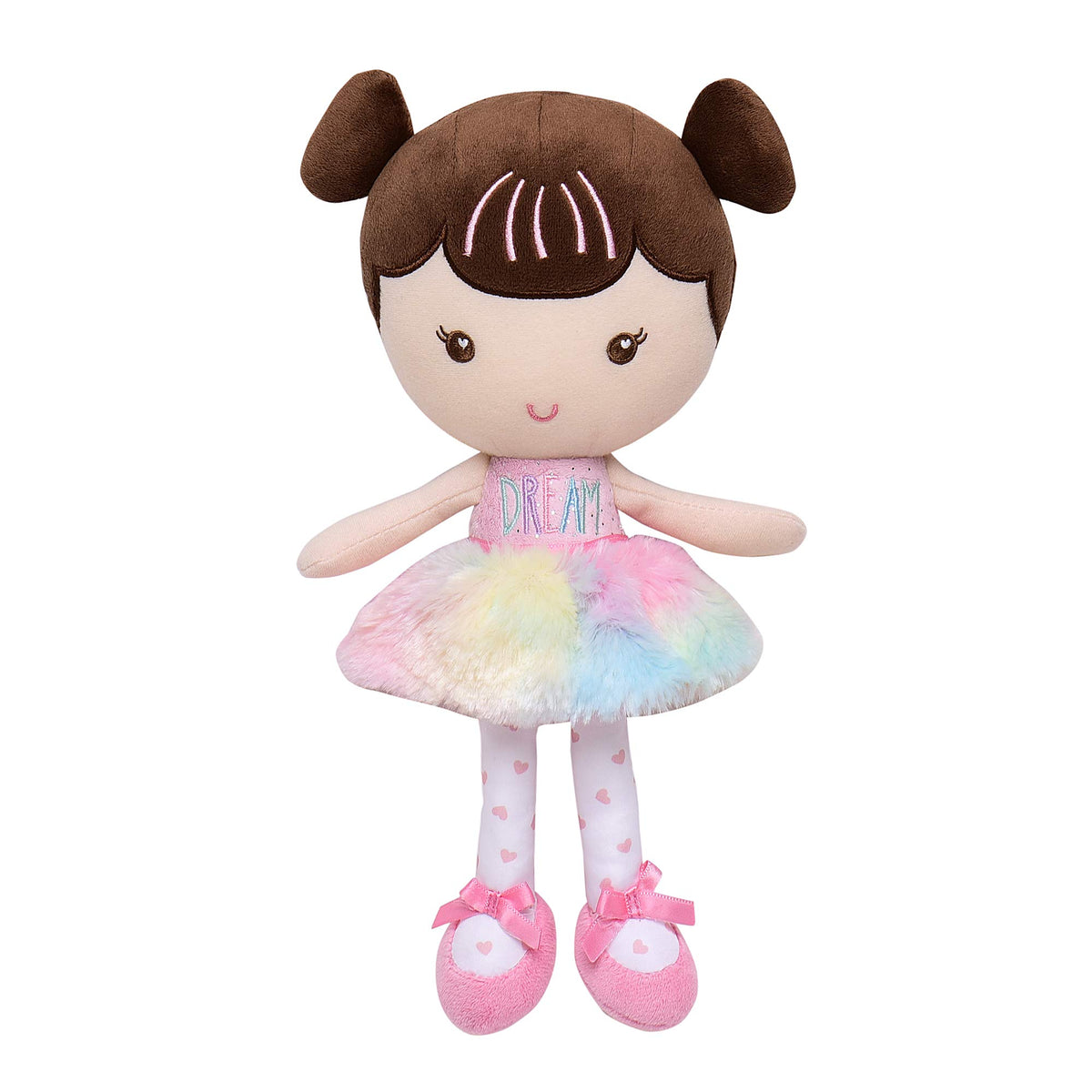 Baby Starters Ellie snuggle buddy in rainbow outfit offering soft, comforting hugs.
