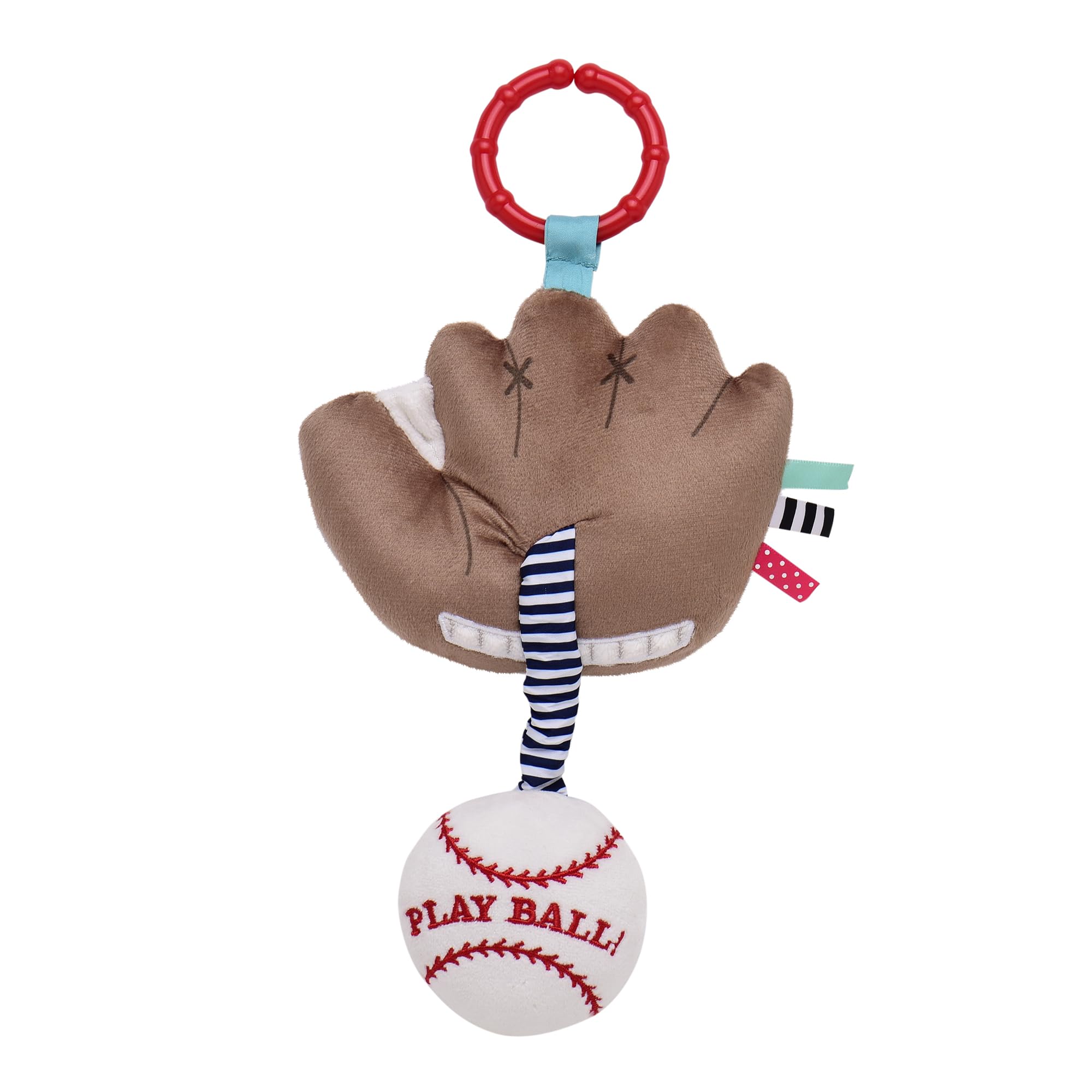 Soft mitt with satin ribbons from Baby Starters provides tactile stimulation during play.