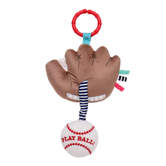 Soft mitt with satin ribbons from Baby Starters provides tactile stimulation during play.