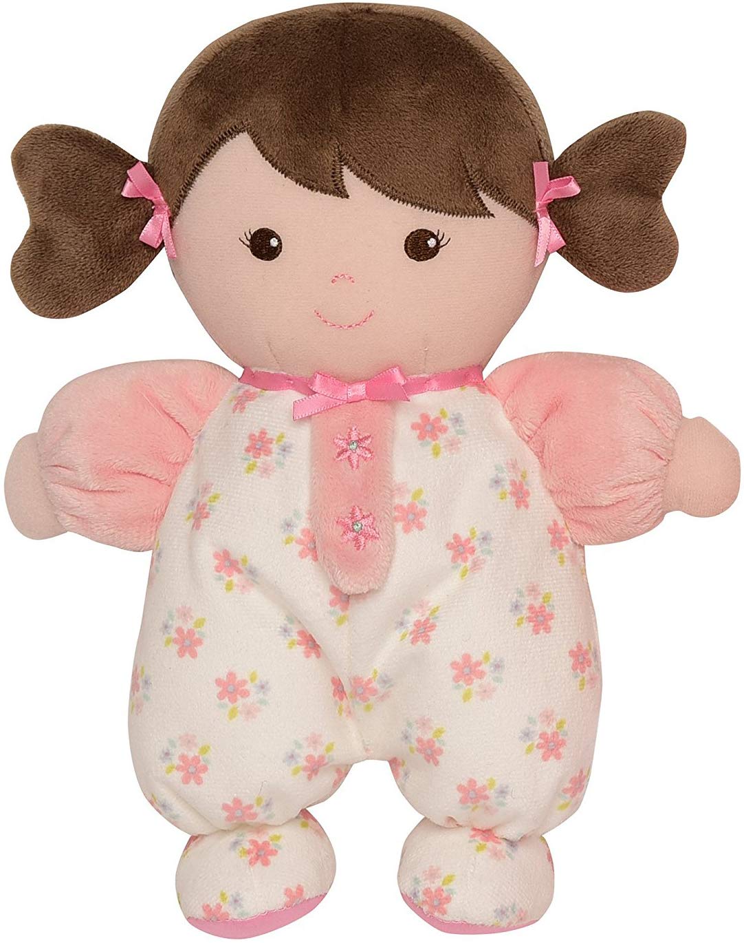 Baby Starters Olivia plush doll with brunette hair and pink dress, perfect cuddle companion.