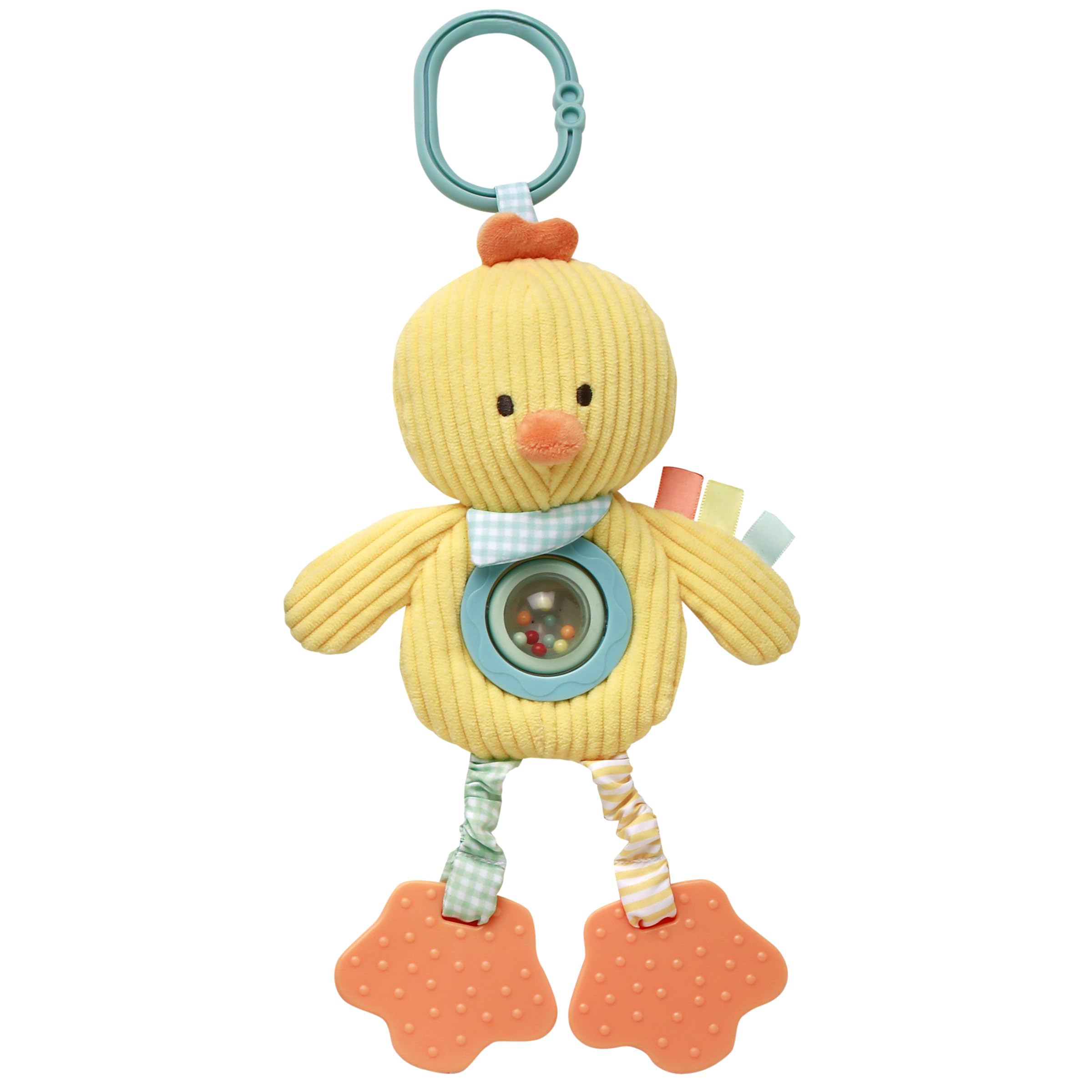 Baby Starters plush chick with travel hook enables on-the-go play.
