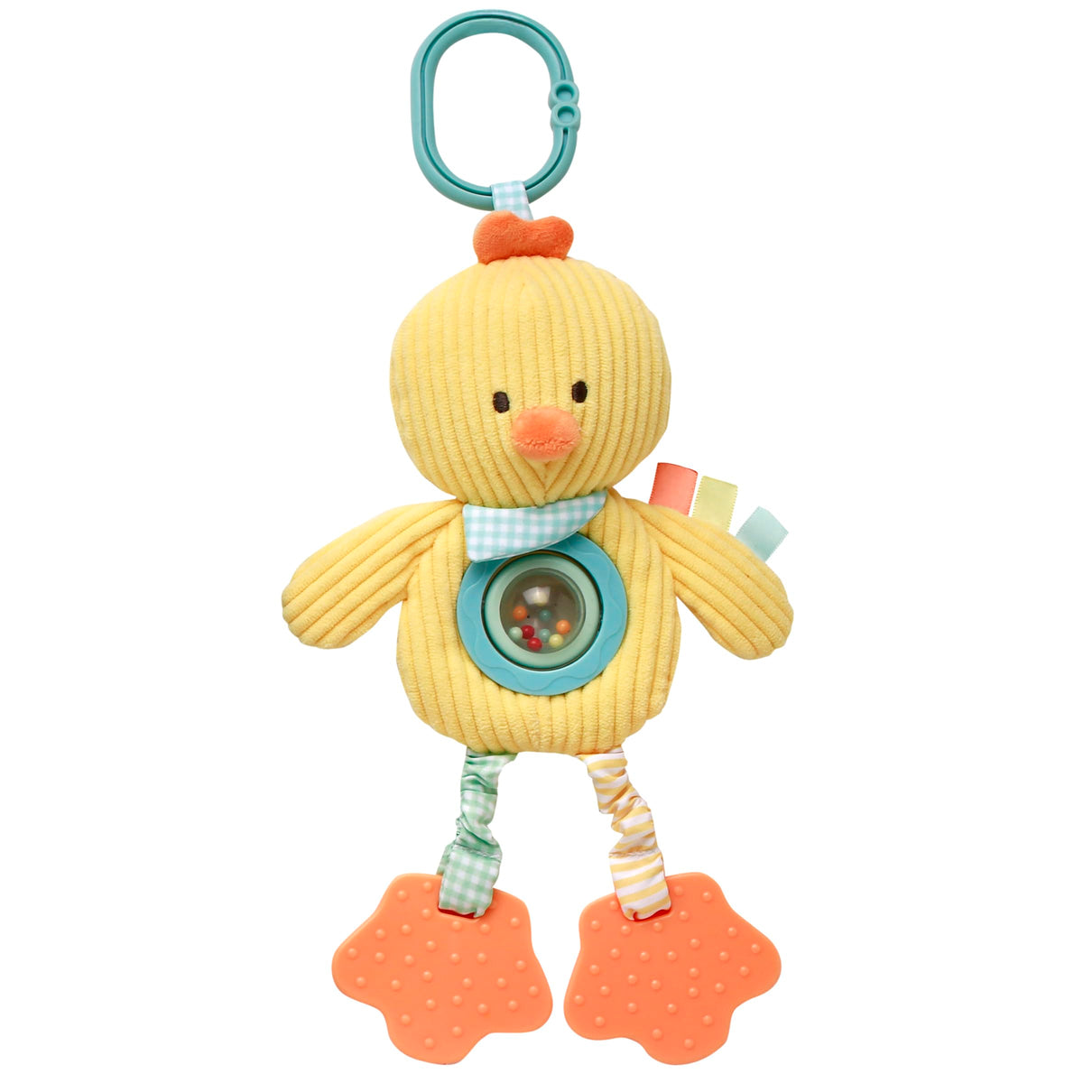 Baby Starters plush chick with travel hook enables on-the-go play.
