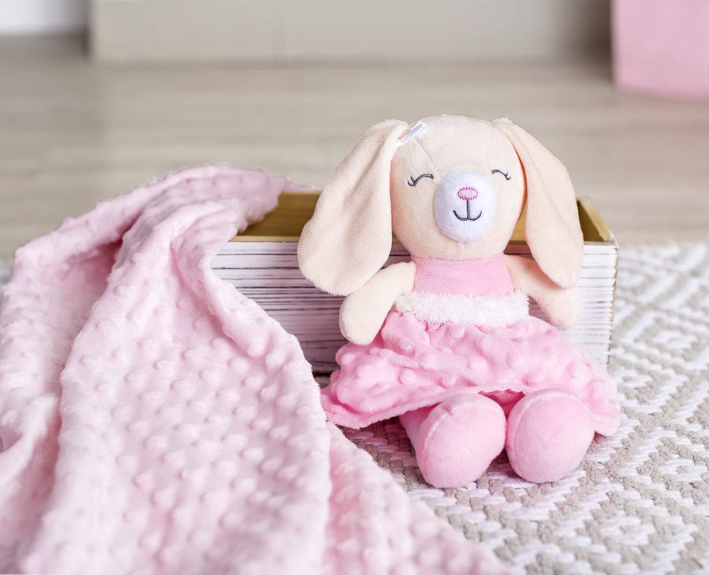Baby Starters Sweet Ella plush bunny features a soft satin-lined skirt for tactile exploration.