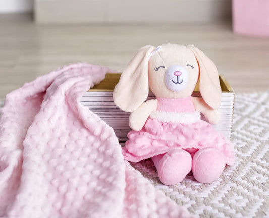 Baby Starters Sweet Ella plush bunny features a soft satin-lined skirt for tactile exploration.