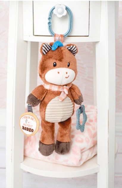 Baby Starters Plush Horse with travel hook stays within reach on strollers and car seats.