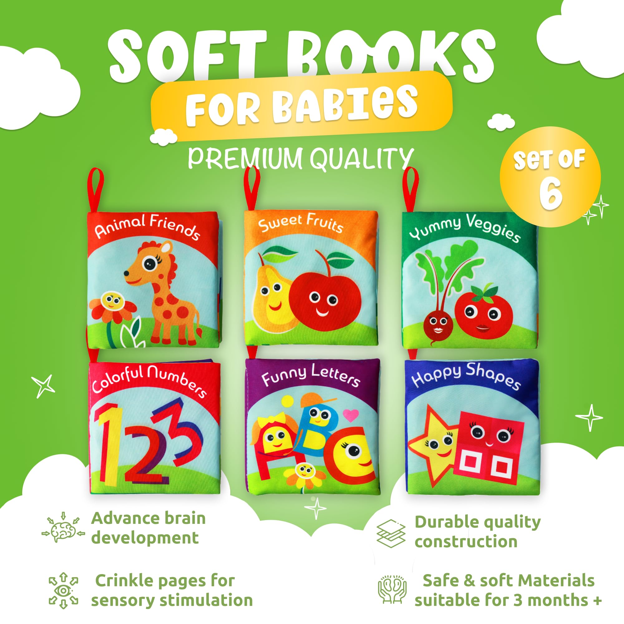 BabyBibi cloth books cover illustrations showing bright colors to spark curiosity.