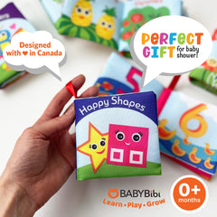BabyBibi cloth books feature crinkle paper inserts for sensory exploration.