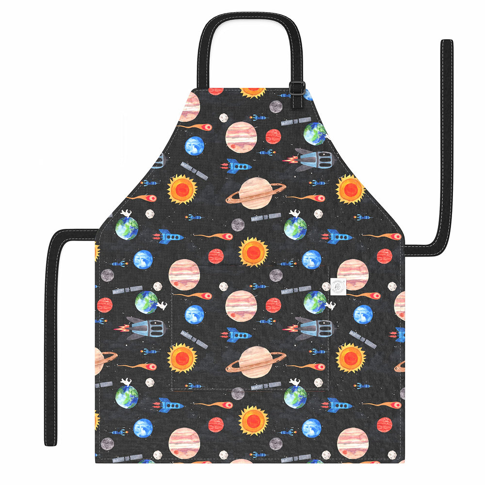 BABYBOET Cosmic Collection apron front view showing comfortable fit for kids