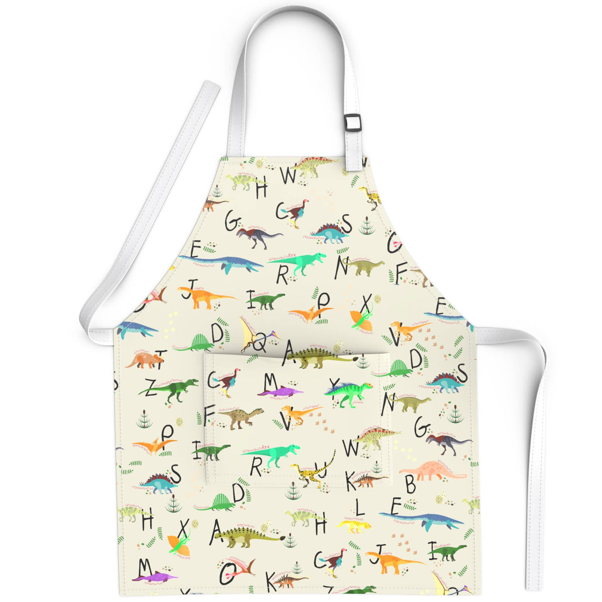 BABYBOET dinos alphabet apron front view for kids, soft cotton for daily crafts