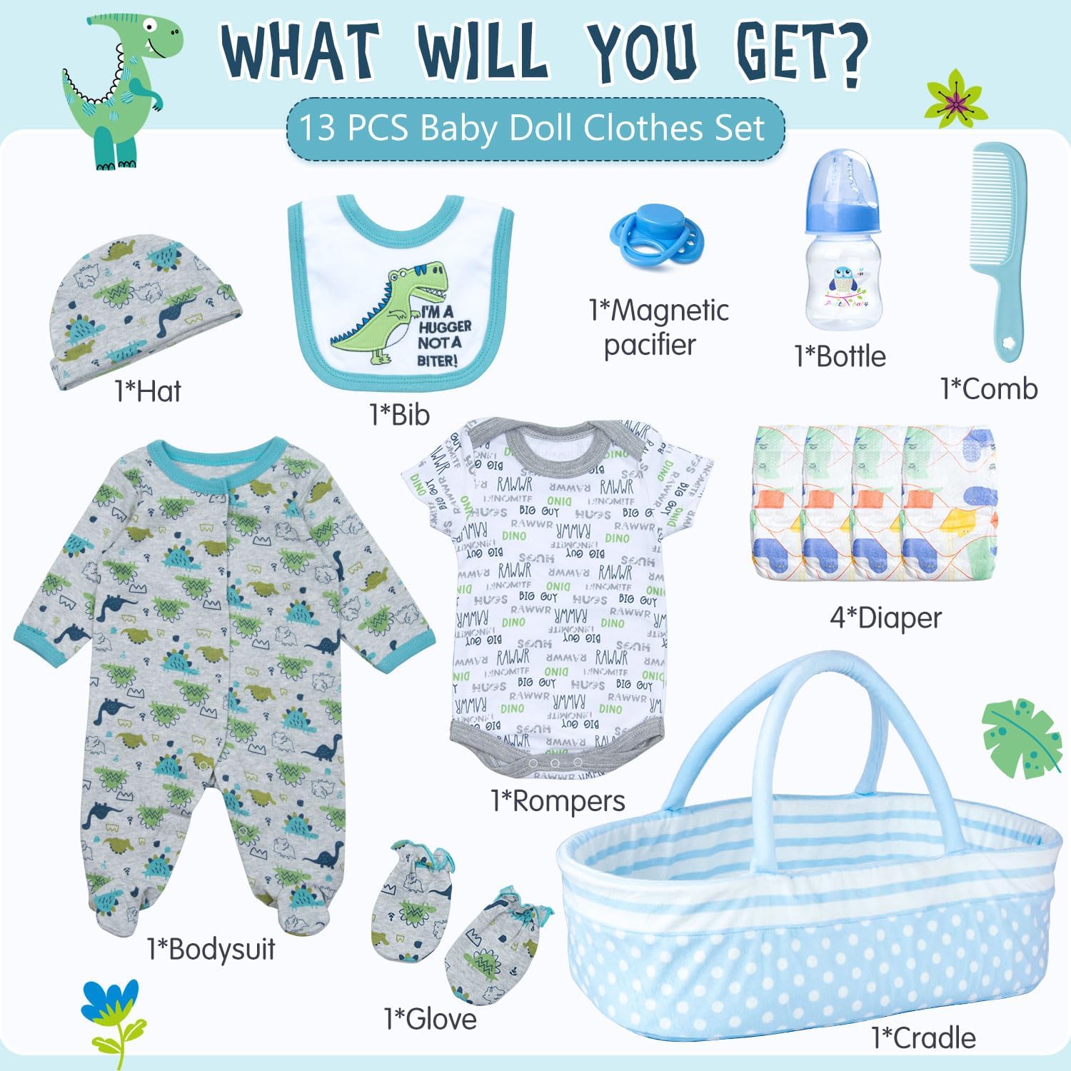 Babyfere dinosaur romper for 17-22in dolls, colorful and quick-change friendly