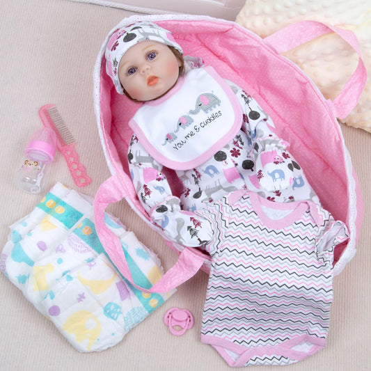 Babyfere pink elephant doll clothes display showing coordinated outfits for creative dress-up play.
