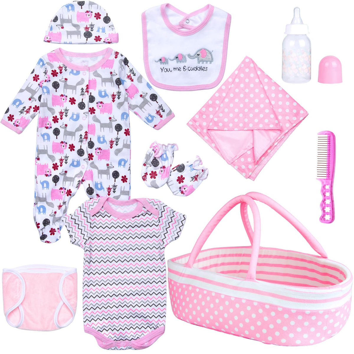 Babyfere pink polka-dot bassinet provides a sturdy resting spot for dolls.