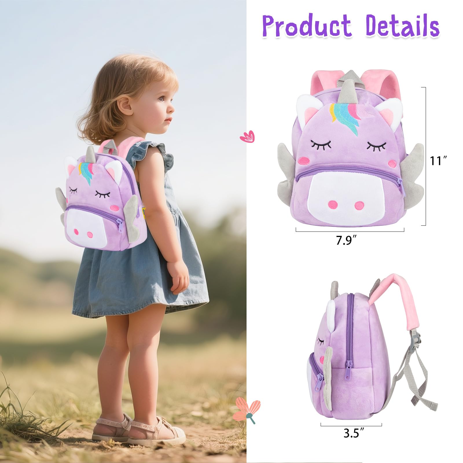 Babyfere unicorn backpack embroidery adds cute detail for premium look.
