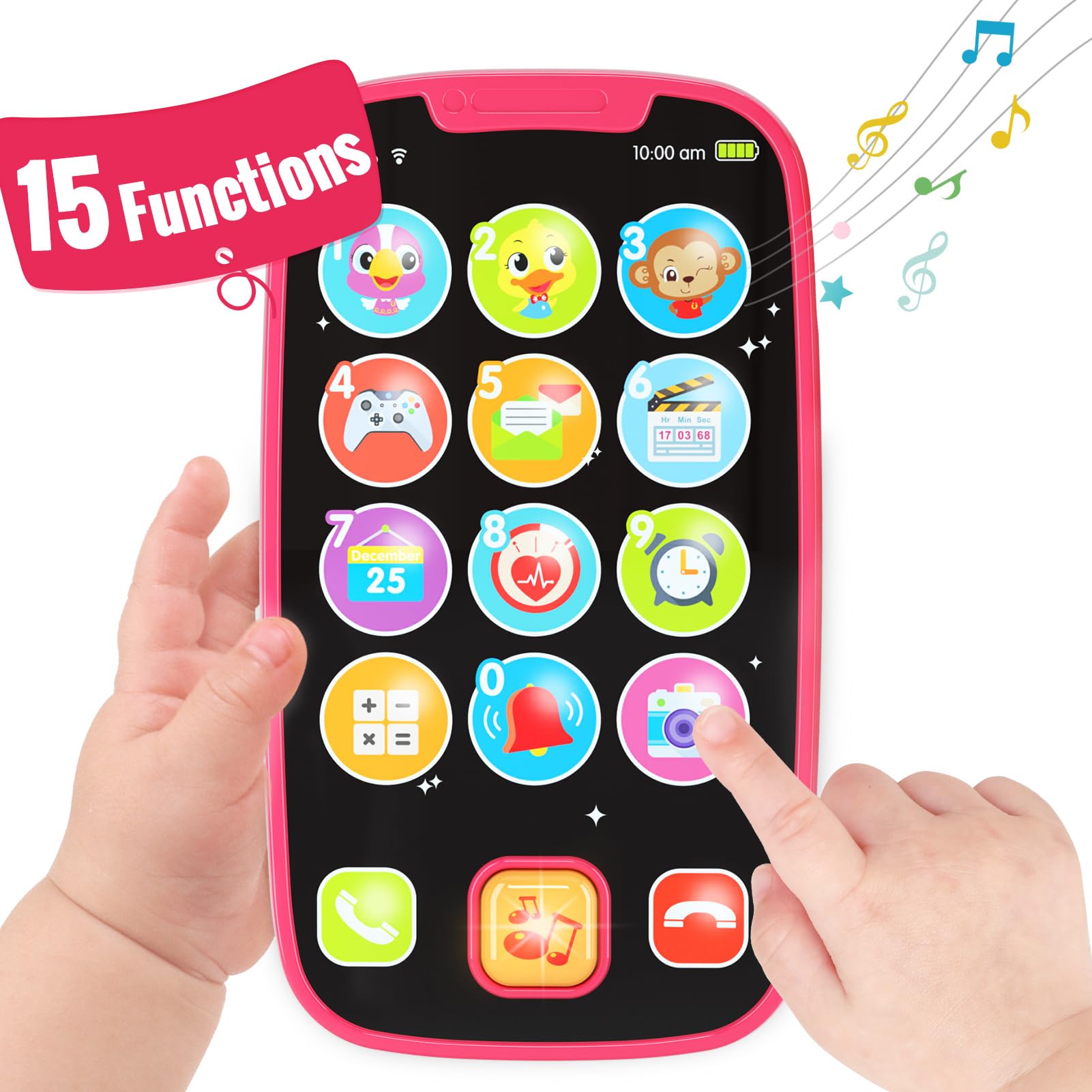 BABYFUNY pink toy phone with 15 buttons for interactive learning and pretend play.